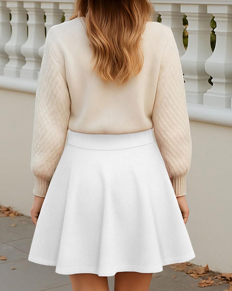 elescat Mini Skirts for Women Basic Skater Pleated Flowy High Waisted Casual Short Skirt(White, L) - Image 4
