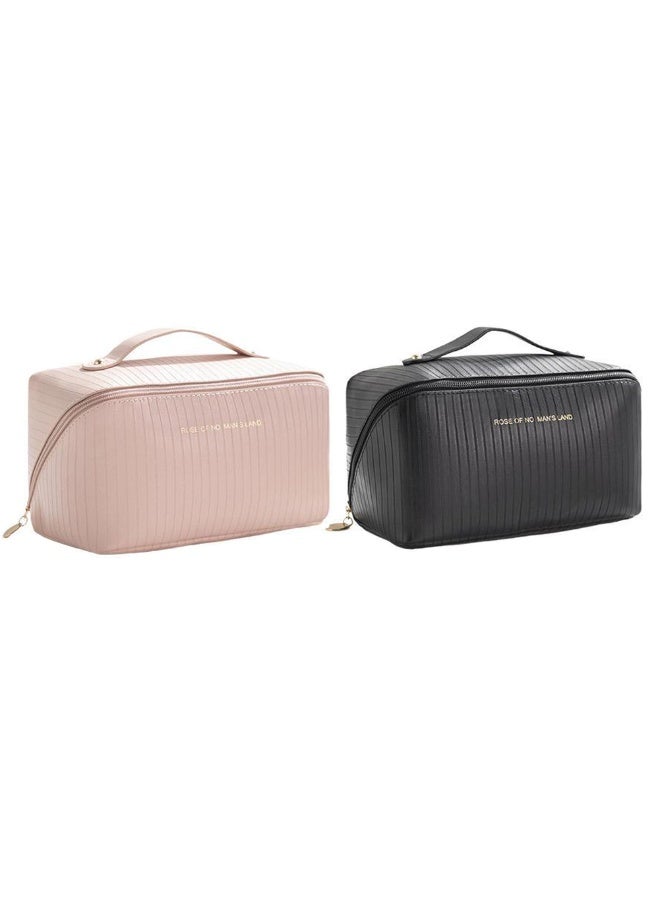 Kashco Set of 2 PU Leather Makeup Bags – Large Capacity Travel Cosmetic Organizer with Handle – Waterproof & Durable – Available in Brown, Pink, or Black (Pack of 2 (Pink & Black)) - Image 1