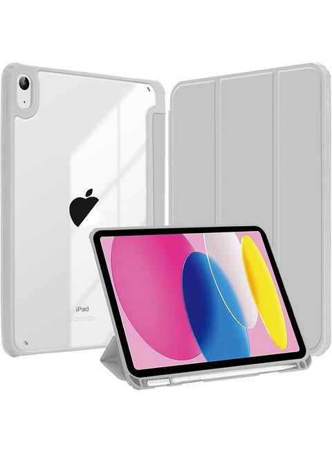 حافظة هجينة رفيعة لجهاز iPad (A16) الجيل الحادي عشر 11 بوصة 2025/الجيل العاشر 10.9 بوصة 2022 مع حامل قلم رصاص، غطاء واقٍ مضاد للصدمات بحامل ثلاثي الطي مع ظهر شفاف ناعم من مادة TPU لجهاز iPad 11/ 10، حافظة للنوم/الاستيقاظ التلقائي باللون الرمادي