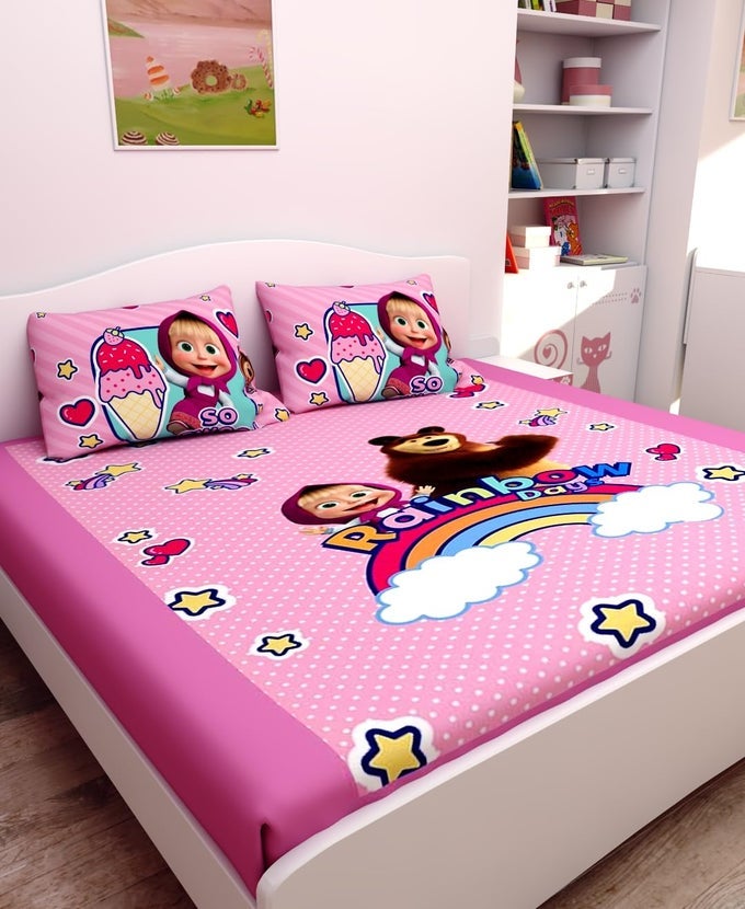 MASHA AND THE BEAR PRINTED COTTON KIDS DOUBLE BEDSHEET 270X270 CM WITH SET OF 2 PILLOW COVERS