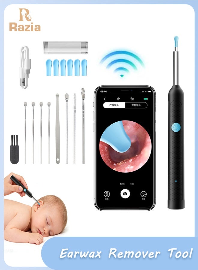Razia Wireless Ear Cleaning Kit, Child-Safe Visual Ear Wax Removal Tool, Upgraded 2000W HD Otoscope with 6 LED Lights, Soft Silicone Ear Spoon, WiFi Smartphone Visual Ear Cleaner for iOS, Android, Black - Image 1