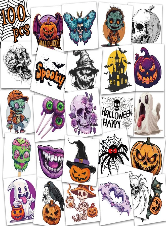 Ozepao 100 Pcs (2" x 2") Halloween Temporary Tattoos Stickers, Featuring Horror Pumpkins, Skeletons, Spooky Ghosts, Spider Webs, and More, Perfect for Party Favors Supplies Decorations - Image 1