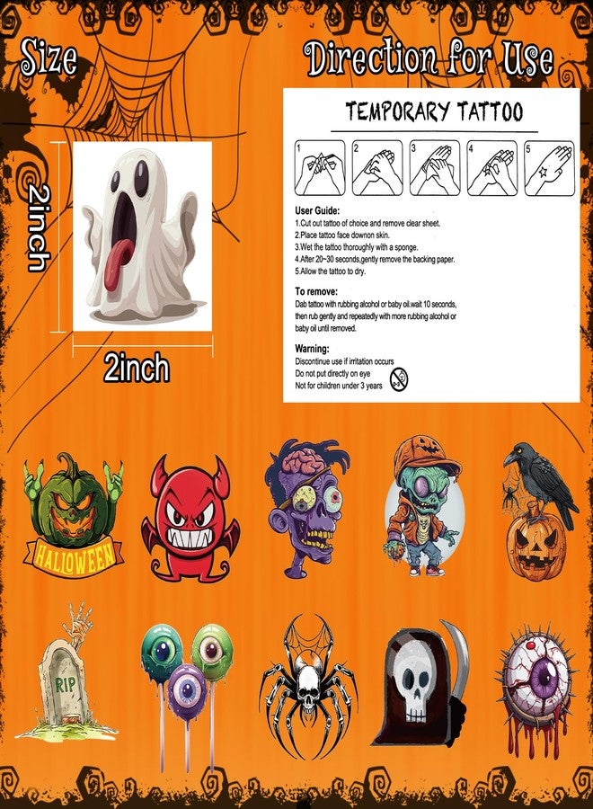 Ozepao 100 Pcs (2" x 2") Halloween Temporary Tattoos Stickers, Featuring Horror Pumpkins, Skeletons, Spooky Ghosts, Spider Webs, and More, Perfect for Party Favors Supplies Decorations - Image 4