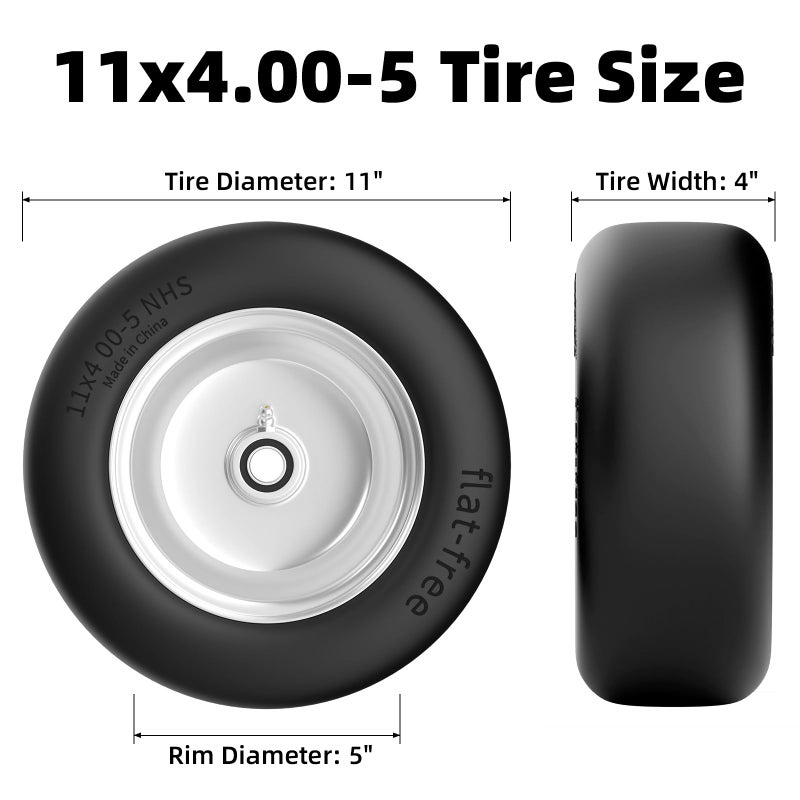RONPOW 11x4.00-5 Lawn Mower Tires Flat Free and Wheel, 11x4-5 Solid Front Tires for Zero Turn Mower, 350Lbs Load, 3/4", 5/8" and 1/2" Bearings, 3.4"-5.8" Hub for Residential Commercial, 2Pack Gray - Image 2