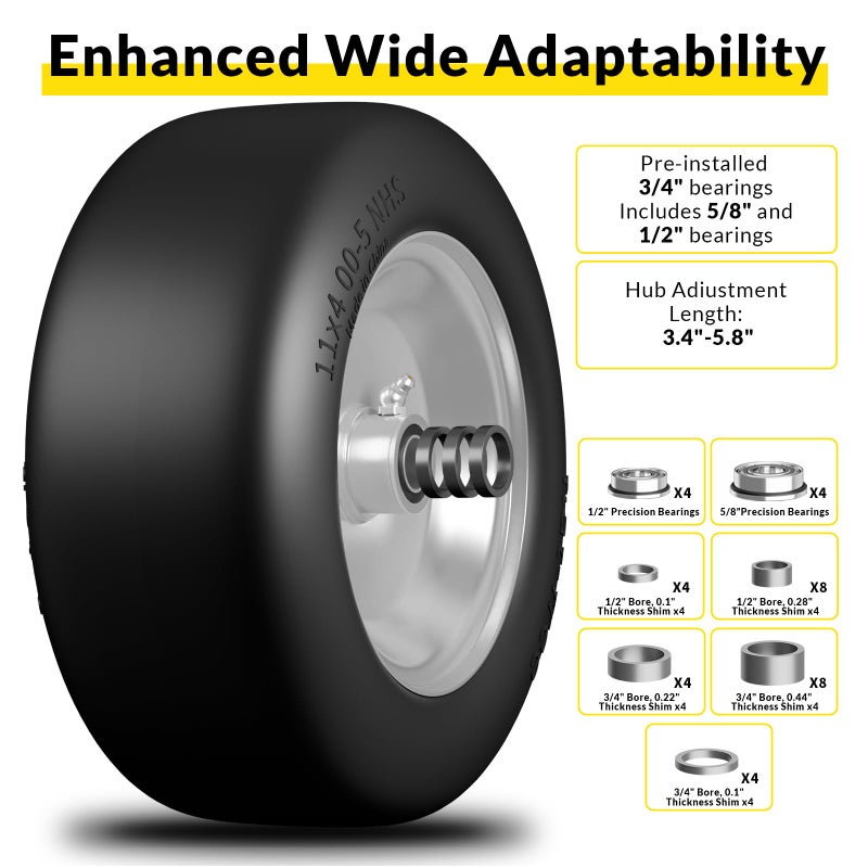 RONPOW 11x4.00-5 Lawn Mower Tires Flat Free and Wheel, 11x4-5 Solid Front Tires for Zero Turn Mower, 350Lbs Load, 3/4", 5/8" and 1/2" Bearings, 3.4"-5.8" Hub for Residential Commercial, 2Pack Gray - Image 5