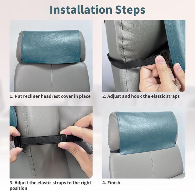 SCNK Recliner Headrest Protector-Faux Leather Headrest Covers for Recliners,Recliner Headrest Cover with Elastic Straps,Chair Headrest Covers for Recliners Protector 17 x 27 in(Ocean Blue) - Image 4