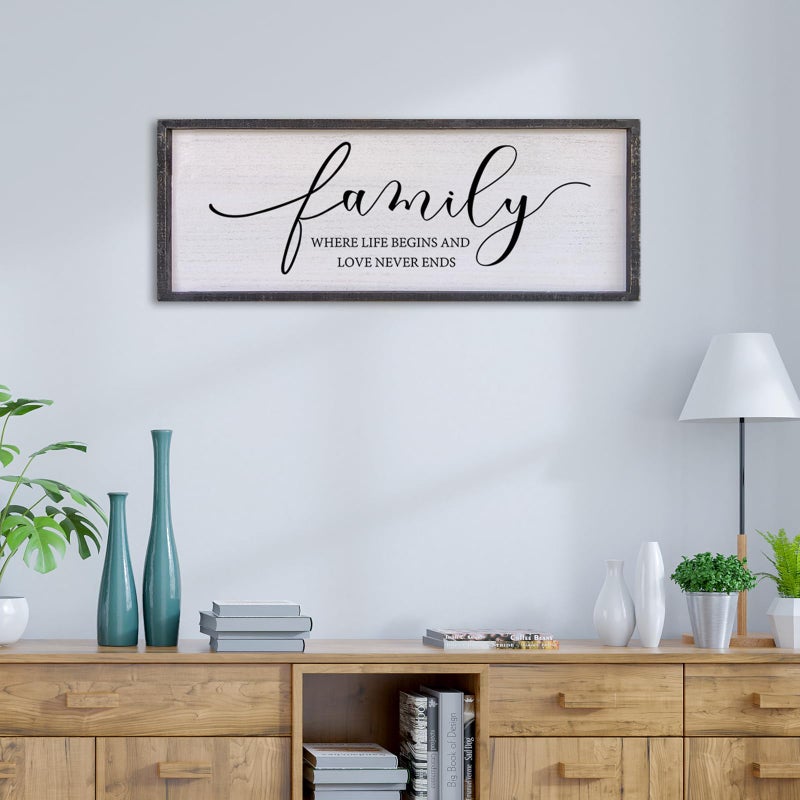 Surfapans Family Where Life Begins Love Never Ends Wall Decor 32x12 Living Room Hallway Entryway Vintage Large Farmhouse Inspirational Quotes Motto Sign Wood Framed Hanging Home Wall Art Black - Image 2