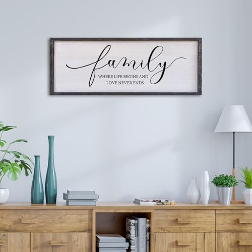 Surfapans Family Where Life Begins Love Never Ends Wall Decor 32x12 Living Room Hallway Entryway Vintage Large Farmhouse Inspirational Quotes Motto Sign Wood Framed Hanging Home Wall Art Black - Image 1