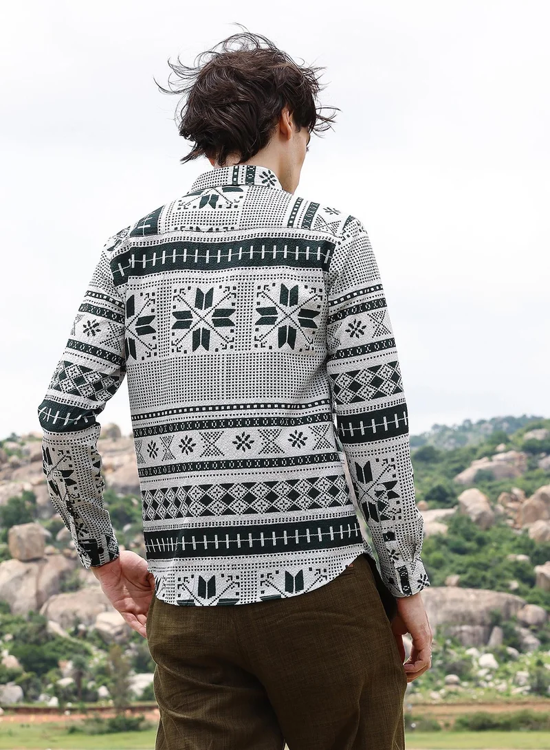 CAHOOT  Men's Forest Green & Cream White Geometric Seersucker Shirt For Casual Wear | Spread Collar | Long Sleeve | Button Closure | Shirt Crafted With Comfort Fit For Everyday Wear for Men | Best Price UAE