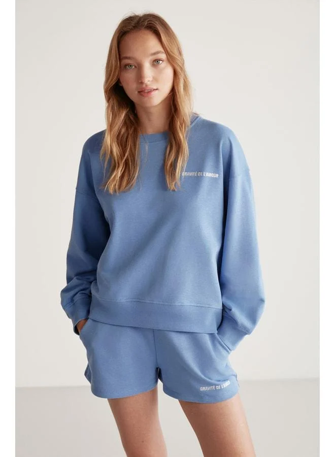 GRIMELANGE Jennıfer Women's Organic Cotton Embroidered Round-Neck Oversize Blue Sweatshirt.
