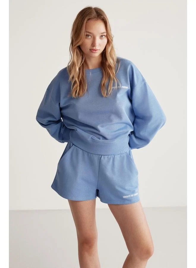 GRIMELANGE Jennıfer Women's Organic Cotton Embroidered Round-Neck Oversize Blue Sweatshirt.