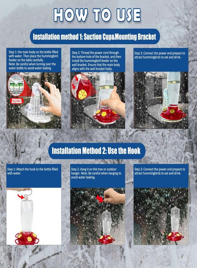 Lanathel Heated Hummingbird Feeders for Outdoors, 15 Ounces Plastic Heated Hummingbird Feeder for Winter, 2-in-1 Outdoors Hanging & Window Suction Cup Design with 4 Feeding Ports (1 Pack) - Image 3