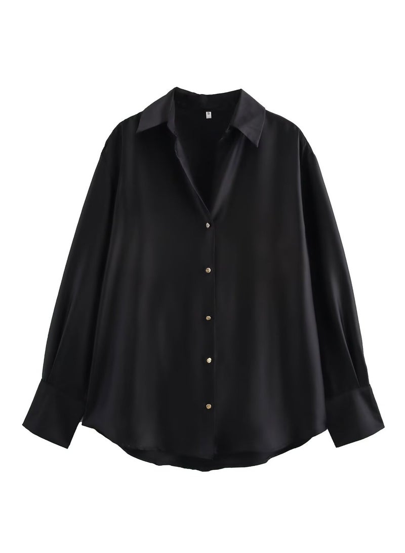 Shougu Loose Casual V-neck Satin Shirt Top For Women - Image 1