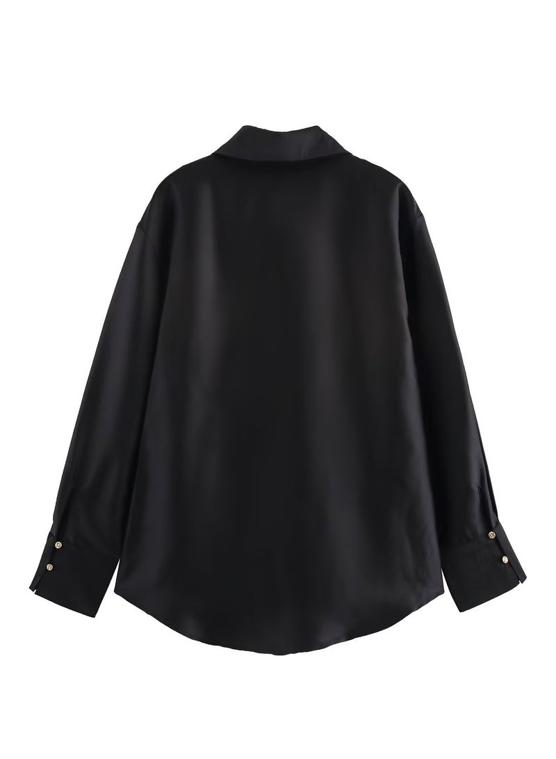 Shougu Loose Casual V-neck Satin Shirt Top For Women - Image 2