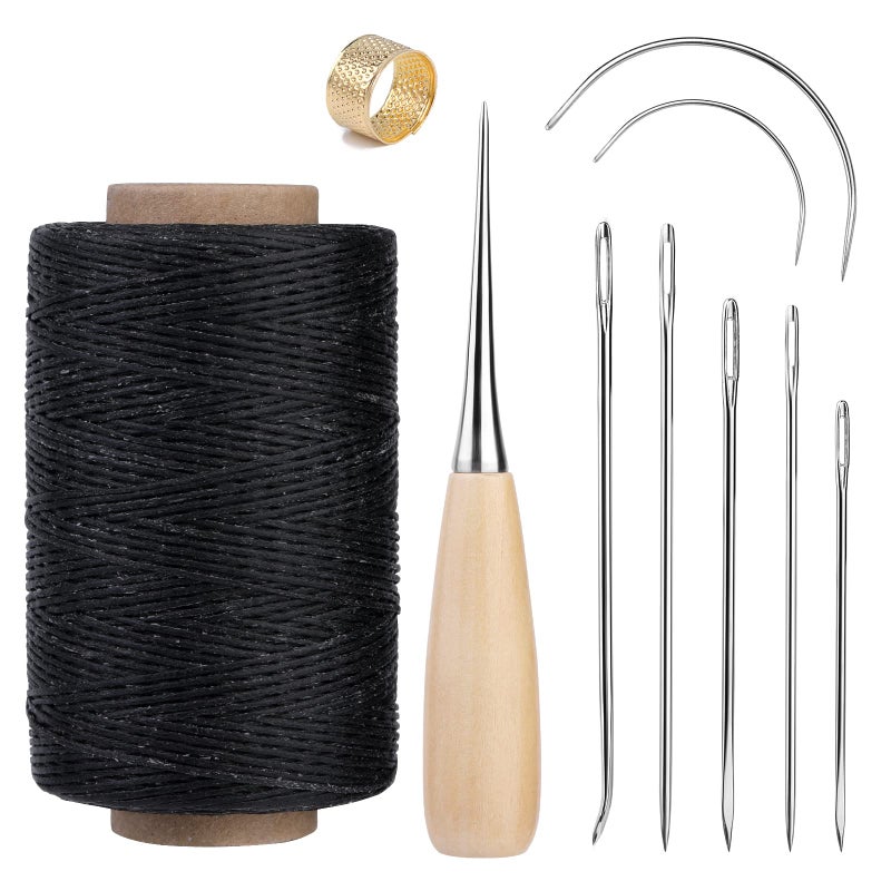 SUVSOON 273 Yards Leather Waxed Thread Kit - Upholstery Repair Sewing Kit With Needle, Awl, Thimble for Carpet, Sofa, Seat, Shoe (Black) - Image 1