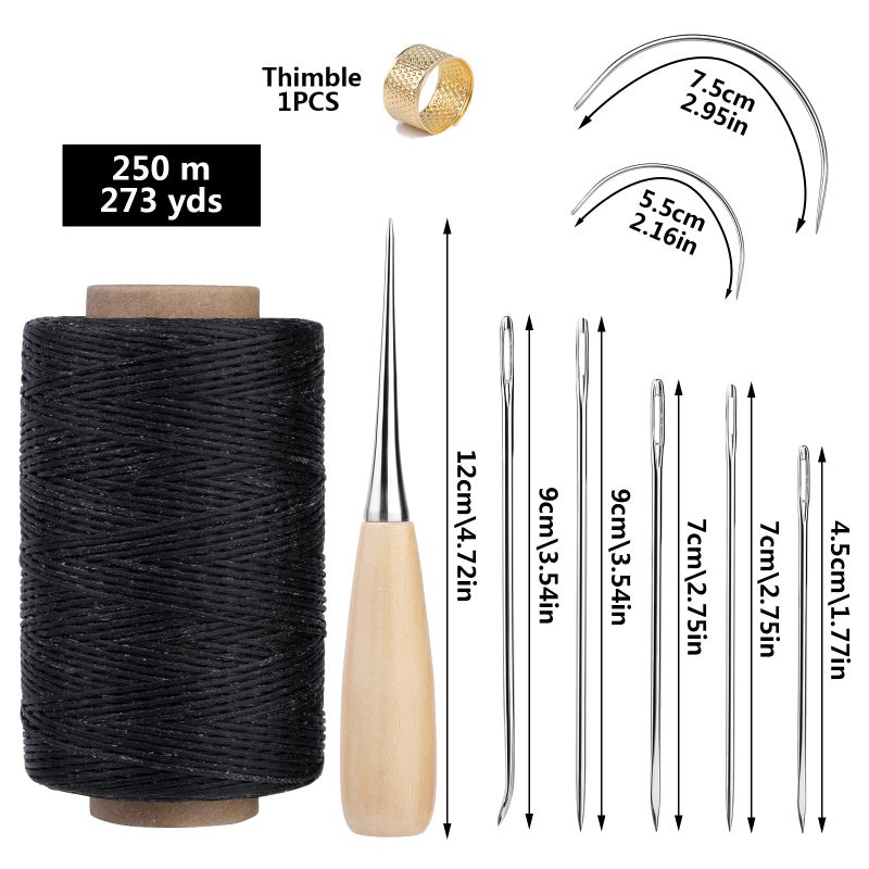 SUVSOON 273 Yards Leather Waxed Thread Kit - Upholstery Repair Sewing Kit With Needle, Awl, Thimble for Carpet, Sofa, Seat, Shoe (Black) - Image 2