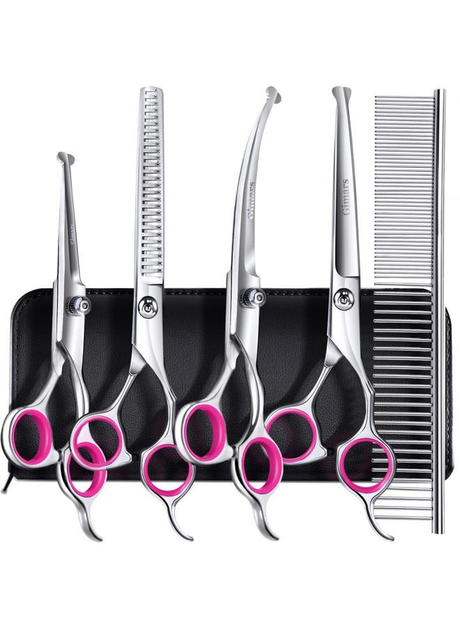 Gimars 6 in 1 Professional 4CR Stainless Steel Safety Round Tip Dog Scissors for Grooming, Heavy Duty Titanium Coated Pet Grooming Scissor for Dogs, Cats and Other Animals - Image 1