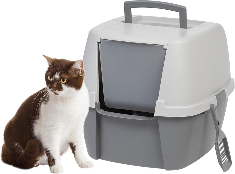 IRIS Power tool case パワー ツール ケース IRIS USA Cat Litter Box, Large Litter Box Enclosure with Front Door Flap and Scoop, Covered Kitty Litter Box with Handle and Buckles for Portability and Privacy, Gray - Image 1