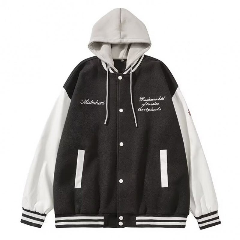 Hooded Fake Two-Piece Jacket Coat Boys Loose Casual Fashionable Stitching Sports Baseball Suit Top - Image 1