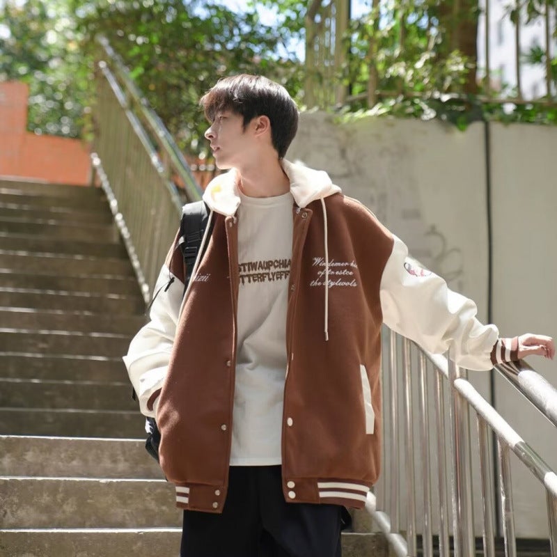 Hooded Fake Two-Piece Jacket Coat Boys Loose Casual Fashionable Stitching Sports Baseball Suit Top - Image 5