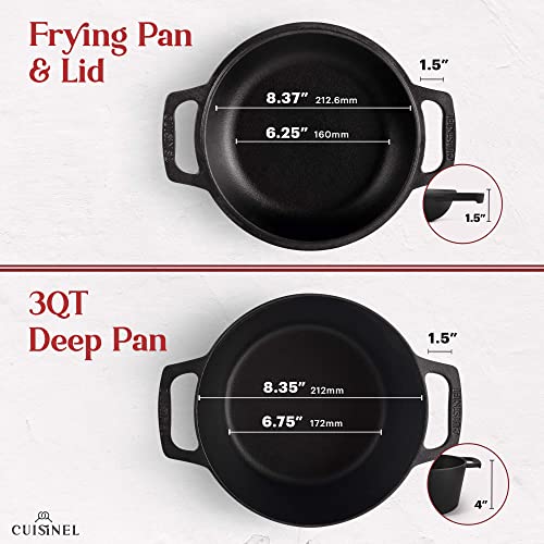 Cuisinel قدر كويزينيل من الحديد الزهر - وعاء هولندي سعة 3 لترات - طباخ متعدد الاستخدامات 2 في 1 - غطاء مزدوج يعمل كقلاية مقاس 8 بوصات + أغطية مقبض سيليكون + مكشطة - يستخدم لخبز الخبز - Image 3
