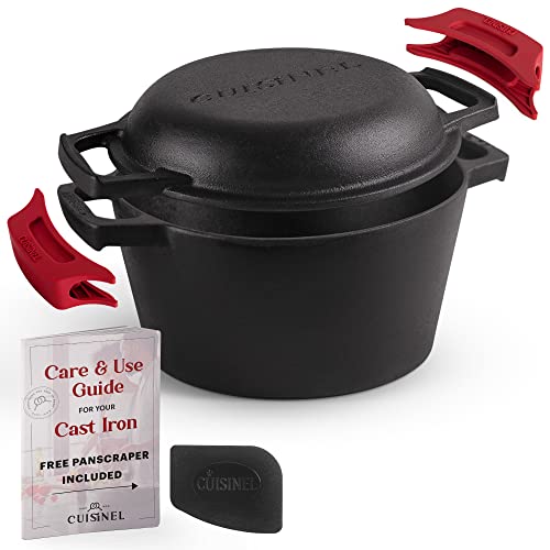 Cuisinel قدر كويزينيل من الحديد الزهر - وعاء هولندي سعة 3 لترات - طباخ متعدد الاستخدامات 2 في 1 - غطاء مزدوج يعمل كقلاية مقاس 8 بوصات + أغطية مقبض سيليكون + مكشطة - يستخدم لخبز الخبز - Image 1