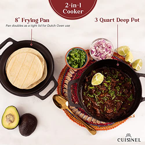 Cuisinel قدر كويزينيل من الحديد الزهر - وعاء هولندي سعة 3 لترات - طباخ متعدد الاستخدامات 2 في 1 - غطاء مزدوج يعمل كقلاية مقاس 8 بوصات + أغطية مقبض سيليكون + مكشطة - يستخدم لخبز الخبز - Image 5