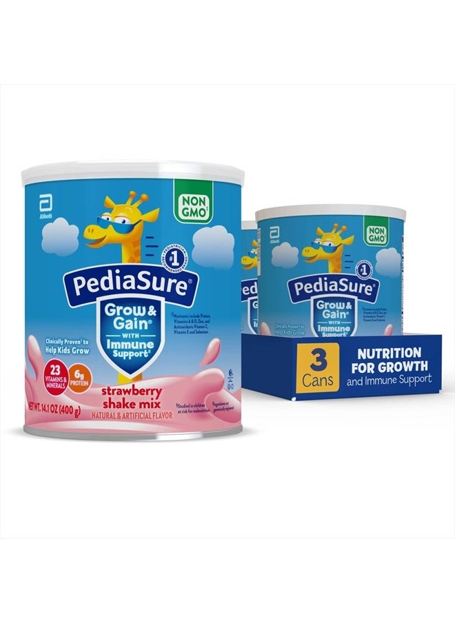 Pediasure - مسحوق مزيج شيك PediaSure Grow & Gain with Immune Support Shake، 23 فيتامين ومعادن، 6 جرام بروتين، يساعد الأطفال على اللحاق بالنمو، خالٍ من الكائنات المعدلة وراثيًا، خالٍ من الجلوتين، فراولة، علبة 14.1 أونصة، 3 علب - 24 وجبة - Image 1