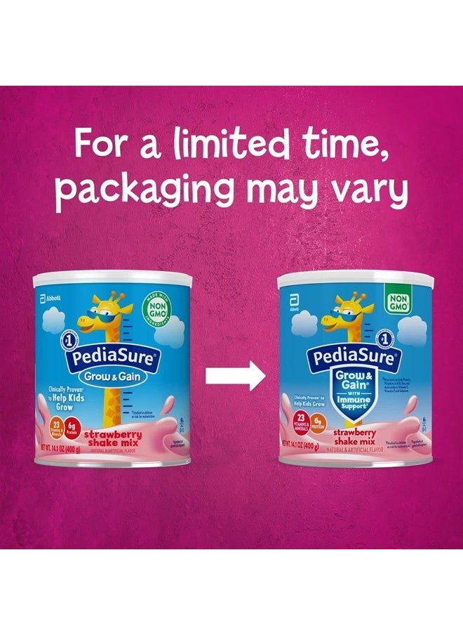 Pediasure - مسحوق مزيج شيك PediaSure Grow & Gain with Immune Support Shake، 23 فيتامين ومعادن، 6 جرام بروتين، يساعد الأطفال على اللحاق بالنمو، خالٍ من الكائنات المعدلة وراثيًا، خالٍ من الجلوتين، فراولة، علبة 14.1 أونصة، 3 علب - 24 وجبة - Image 1