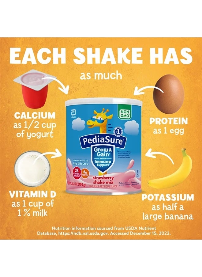 Pediasure - مسحوق مزيج شيك PediaSure Grow & Gain with Immune Support Shake، 23 فيتامين ومعادن، 6 جرام بروتين، يساعد الأطفال على اللحاق بالنمو، خالٍ من الكائنات المعدلة وراثيًا، خالٍ من الجلوتين، فراولة، علبة 14.1 أونصة، 3 علب - 24 وجبة - Image 1
