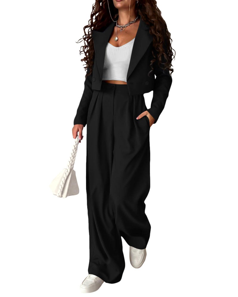KIRUNDO Blazer Sets Women 2 Piece Outfits Casual Cropped Blazer Jackets High Waist Wide Leg Pant Suits Dressy Office ClothesBlack Medium