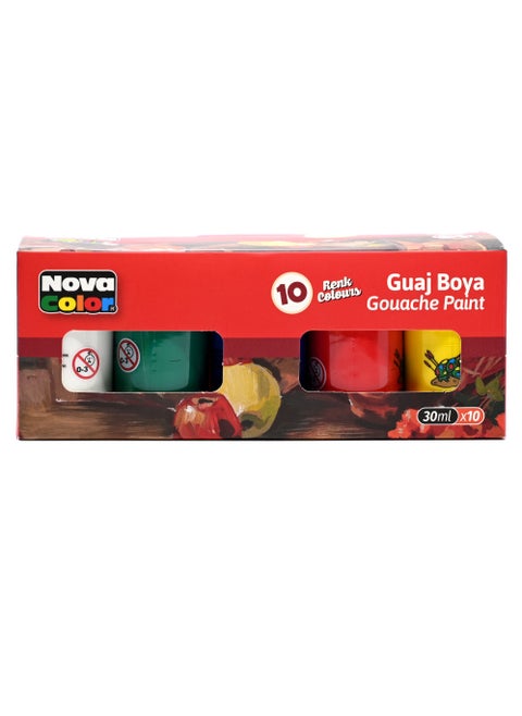 Nova Color  Gouache Paint 30Ml, 10 Colors (Black,Red,Purple,White,Yellow,Brown,Pink,Blue,Orange,Green) -KRPBNC-114