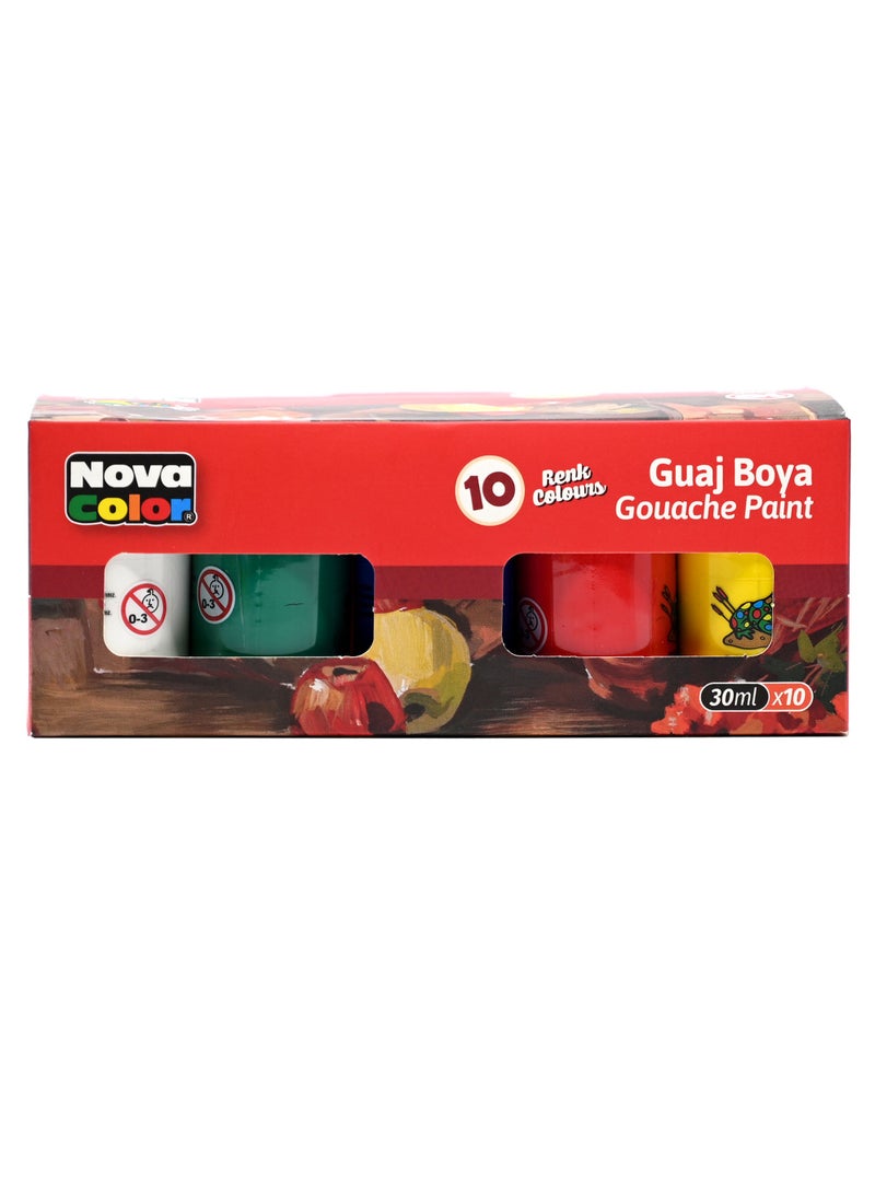 Nova Color - Nova Color  Gouache Paint 30Ml, 10 Colors (Black,Red,Purple,White,Yellow,Brown,Pink,Blue,Orange,Green) -KRPBNC-114 - Image 1