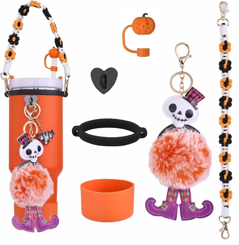 Rhewatin Accessories for Stanley Cup 40oz Tumbler, Charms Accessories for Stanley Tumbler, Including Tumbler Strap, 1pc Silicone Cup Boot, Silicone Straw Cover, 2pcs Charms, Halloween - Image 1