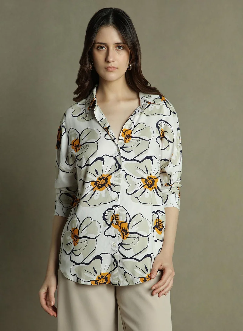 Dennis Lingo Women's White Rayon Printed Oversized Shirt