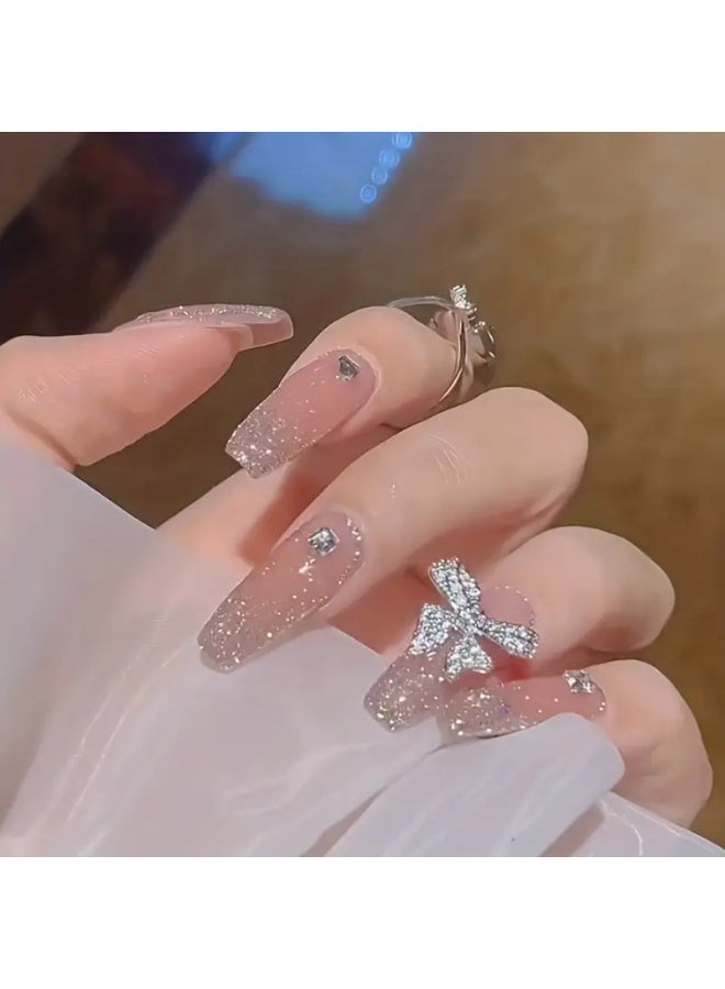 يوكانبي مجموعة أظافر تركيب 24 قطعة طويلة لامعة – مزينة بفيونكات مرصعة بالأحجار اللامعة، قابلة للإزالة - Image 4