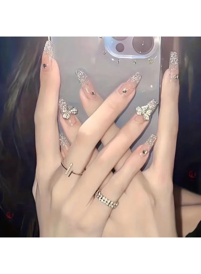 يوكانبي مجموعة أظافر تركيب 24 قطعة طويلة لامعة – مزينة بفيونكات مرصعة بالأحجار اللامعة، قابلة للإزالة - Image 5