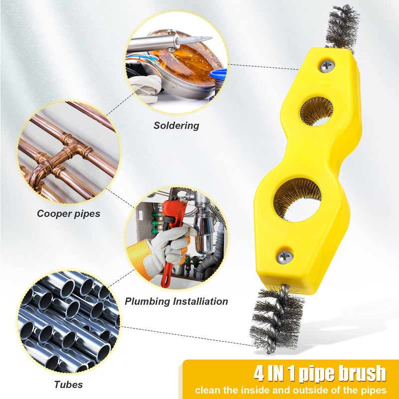 Honoson 4 Pcs 4-in-1 Copper Pipe Cleaner, 1/2 in & 3/4 in Copper Tubing Brush Inner & Outer Thread Cleaner Plumber Deburring Brushs for Plumbing Installation, Soldering, Brazing(Yellow) - Image 2