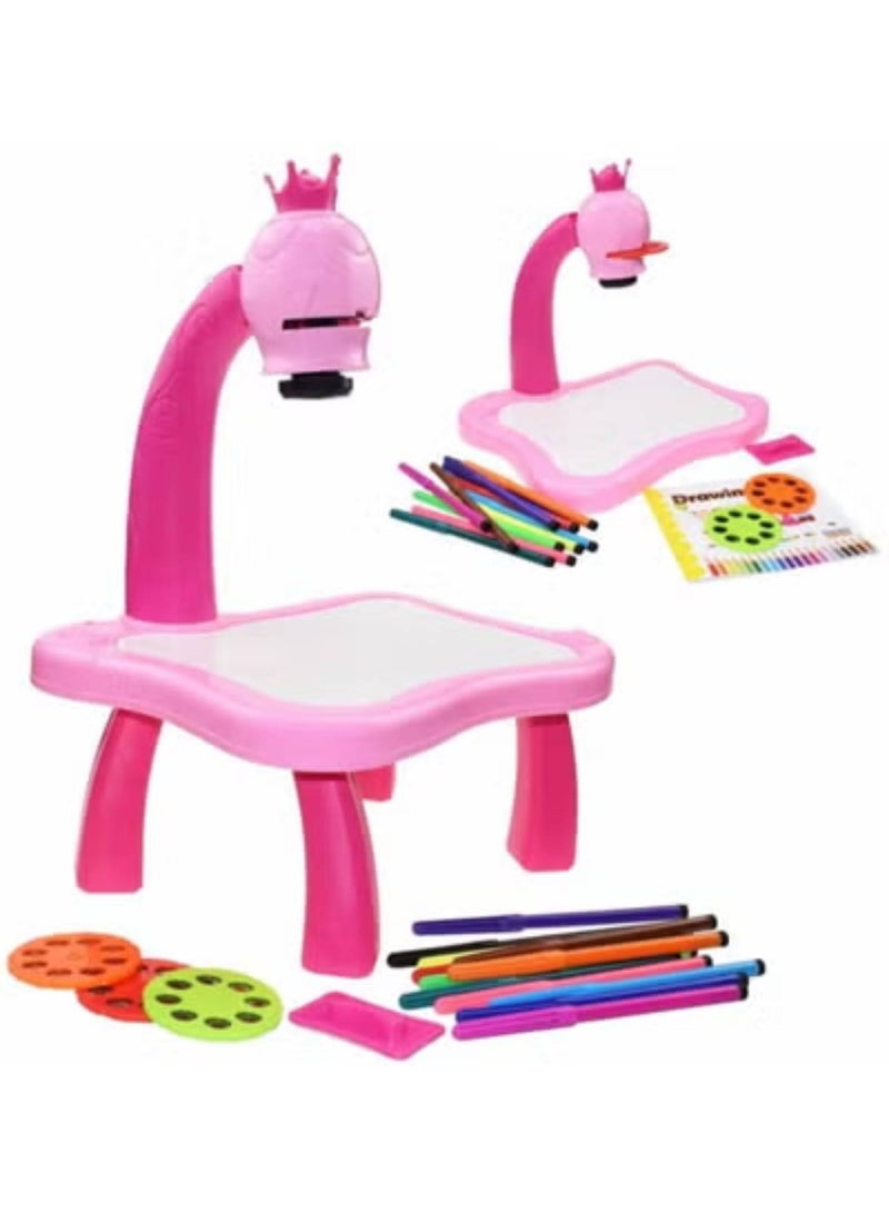مكتب تعليم الأطفال مع جهاز عرض ذكي للأطفال، لعبة طاولة رسم مع موسيقى خفيفة، أداة تعليمية للأطفال، طاولة رسم (وردي) - Image 1