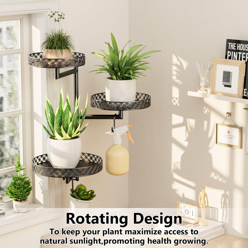 OVICAR Rotating Window Plant Shelves - Indoor Wall Plant Stand 3-Tier Floral Metal Window Shelf Holder for Multiple Plants with Hanging Hooks Home Decor Black - Image 4