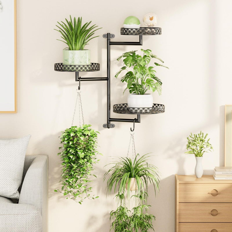 OVICAR Rotating Window Plant Shelves - Indoor Wall Plant Stand 3-Tier Floral Metal Window Shelf Holder for Multiple Plants with Hanging Hooks Home Decor Black - Image 5