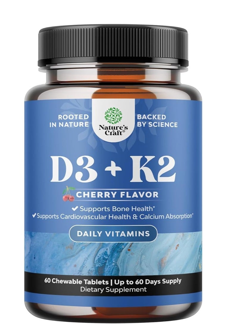 فيتامين D3 مع K2 MK7 صحة العظام، صحة القلب، دعم المفاصل، نكهة الكرز، 60 قرصًا قابلاً للمضغ