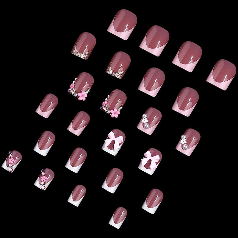 BSBTBZ 24pcs French Tip Press-On Nails - Short, Charms, Bow, Flower Design, Pink, Cute, Square Shape, Acrylic, Rhinestones - Image 2