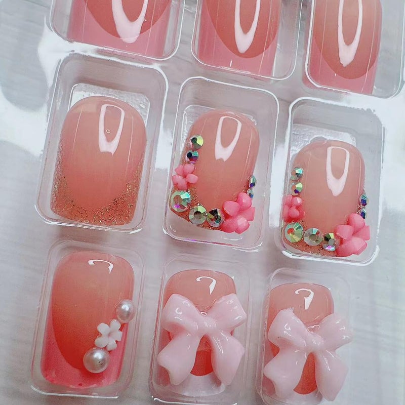 BSBTBZ 24pcs French Tip Press-On Nails - Short, Charms, Bow, Flower Design, Pink, Cute, Square Shape, Acrylic, Rhinestones - Image 4