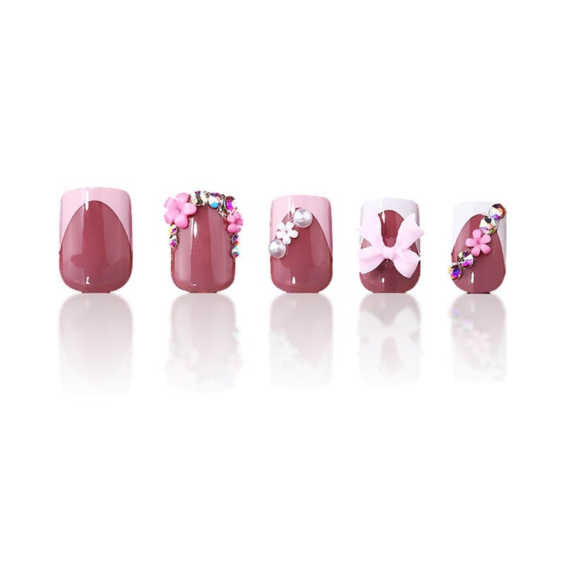 BSBTBZ 24pcs French Tip Press-On Nails - Short, Charms, Bow, Flower Design, Pink, Cute, Square Shape, Acrylic, Rhinestones - Image 5