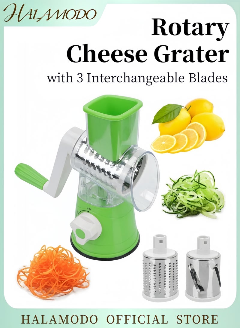 Halamodo Multifunctional Rotary Vegetable Grater Manual Hand Crank Slicer with 3 Interchangeable Stainless Steel Blades Kitchen Shredder for Cheese Nuts Carrots Potatoes and More - Image 1