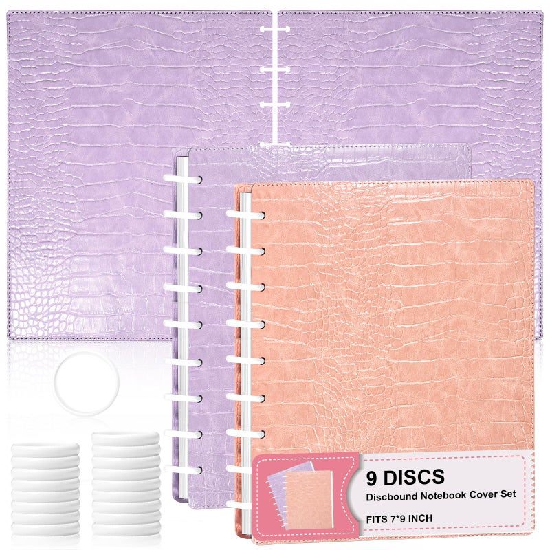 SKLENICE 2 Pack Pu Leather 7X9.25 In Discbound Notebook Cover And Disc Set Discbound Planner Cover With 18 Pcs Expansion Discs 9-Disc Disc Bound Notebook Accessories(Pink+Purple;No Inner Paper) - Image 1