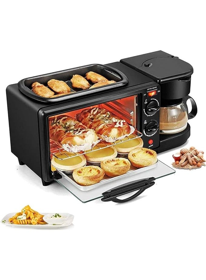 كايوان فرن طاولة صغير 3 في 1 - فرن كهربائي للطهي، وماكينة صنع قهوة، ومحمصة خبز مع بطانة داخلية غير لاصقة، ومحطة إفطار متعددة الاستخدامات للعائلة، باللون الأسود، وصغير الحجم وقابل للحمل، بدون غطاء - Image 1