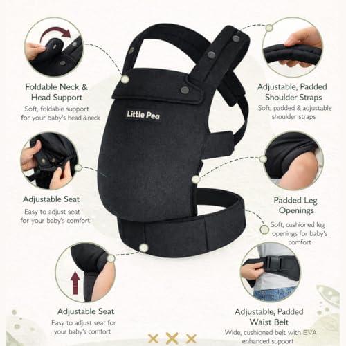 Little Pea All-Day Baby Carrier | Ergonomic & Lightweight 100% Cotton | Easy to Wear, Hands-Free Comfort | 3–15 kg (3–24 Months) | Black - Image 4