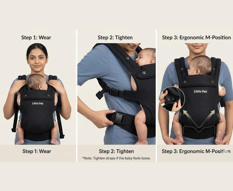 Little Pea All-Day Baby Carrier | Ergonomic & Lightweight 100% Cotton | Easy to Wear, Hands-Free Comfort | 3–15 kg (3–24 Months) | Black - Image 2